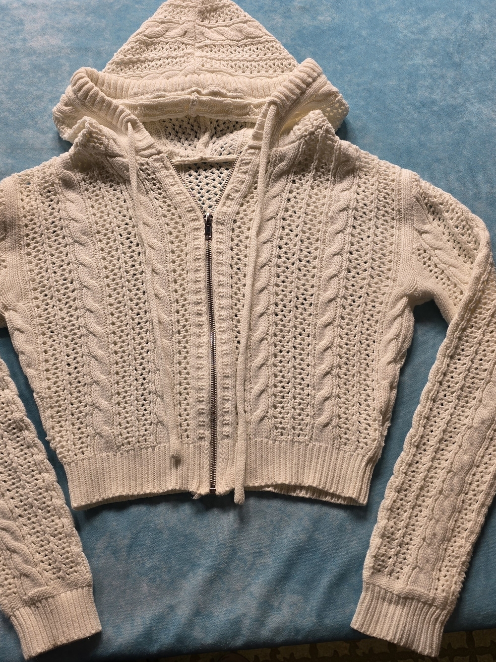 Hooded Cable Knit Zip-Front Sweater - Cream